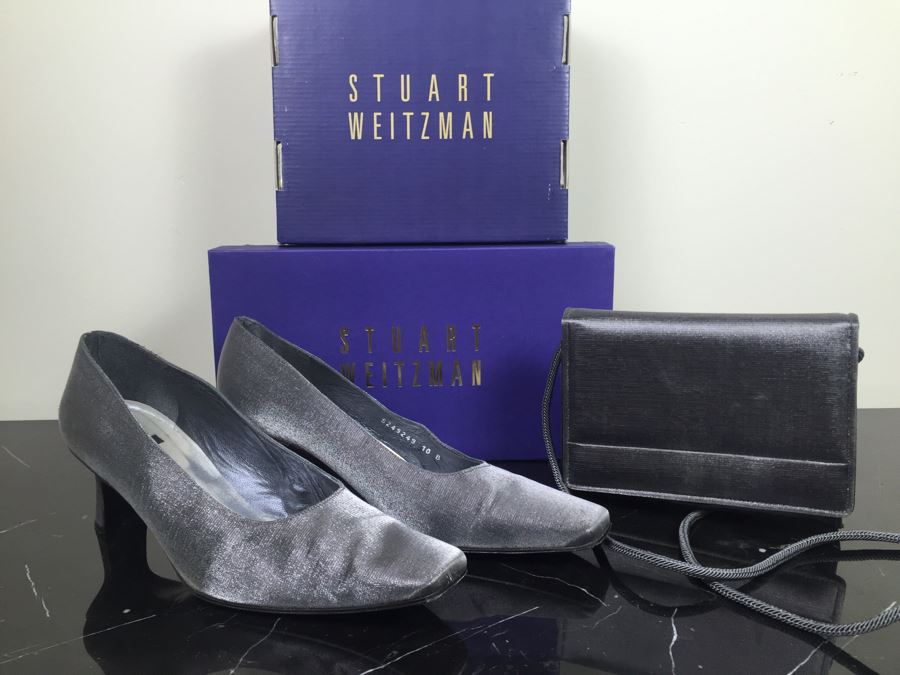 Stuart Weitzman Ladies Silver Heels Shoes Size 10 And Matching Handbag With Original Boxes [Photo 2]