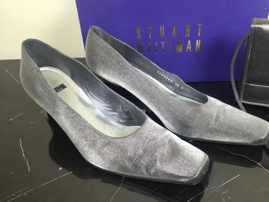 Stuart Weitzman Ladies Silver Heels Shoes Size 10 And Matching Handbag With Original Boxes [Photo 5]