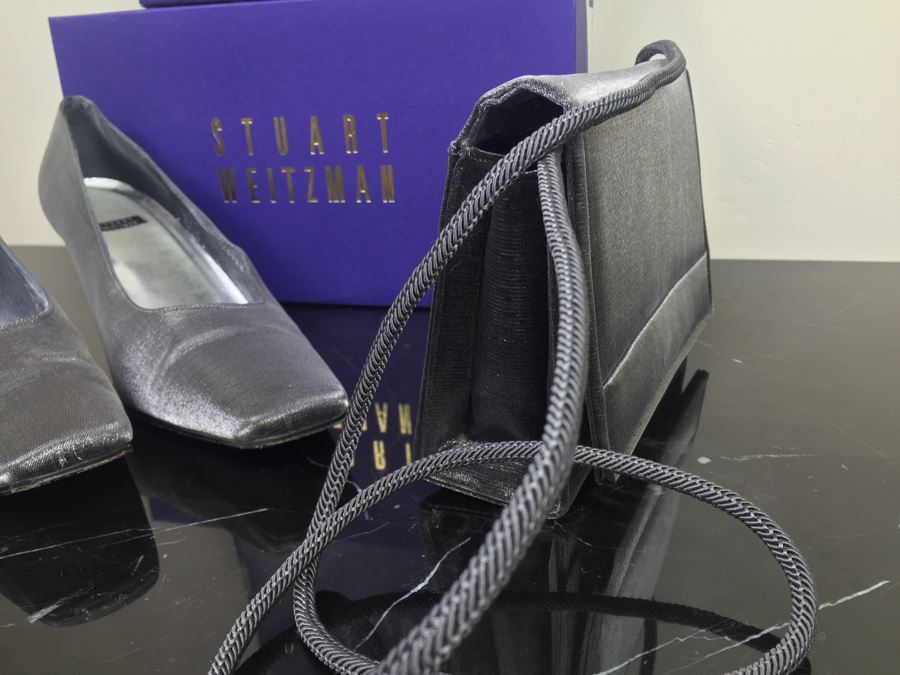 Stuart Weitzman Ladies Silver Heels Shoes Size 10 And Matching Handbag With Original Boxes [Photo 9]