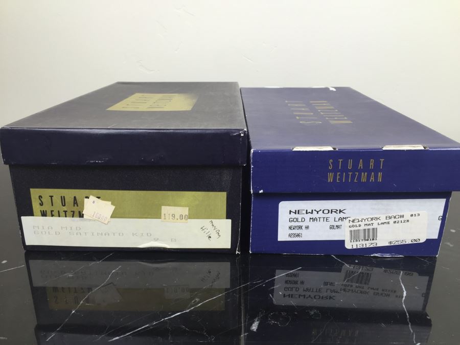 Stuart Weitzman Ladies Gold Heels Shoes Size 9 And Matching Handbag With Original Boxes [Photo 10]