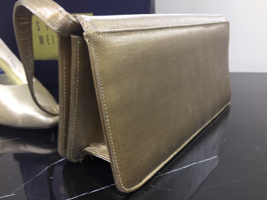 Stuart Weitzman Ladies Gold Heels Shoes Size 9 And Matching Handbag With Original Boxes [Photo 6]