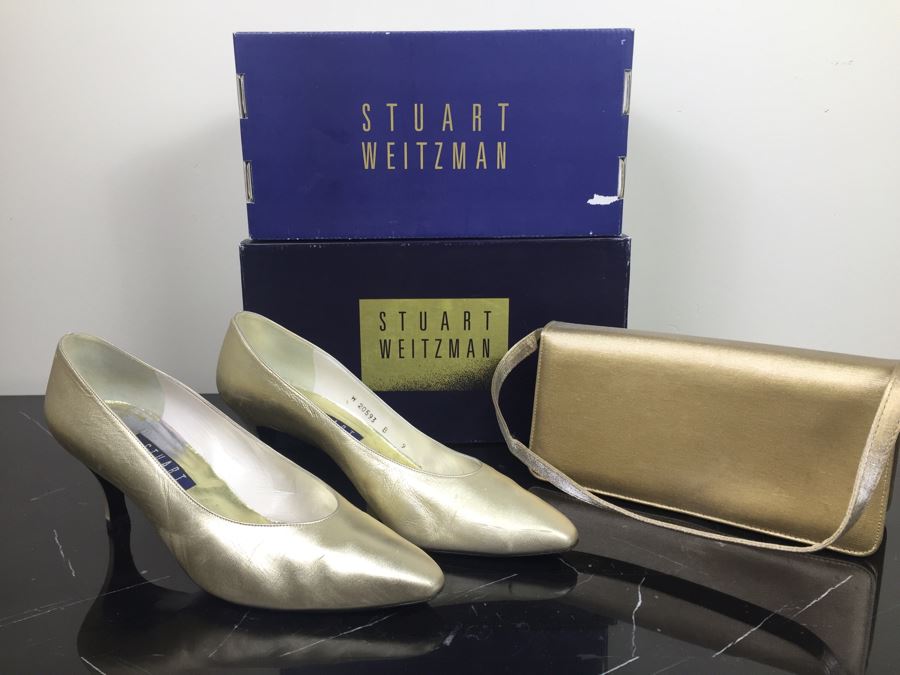 Stuart Weitzman Ladies Gold Heels Shoes Size 9 And Matching Handbag With Original Boxes