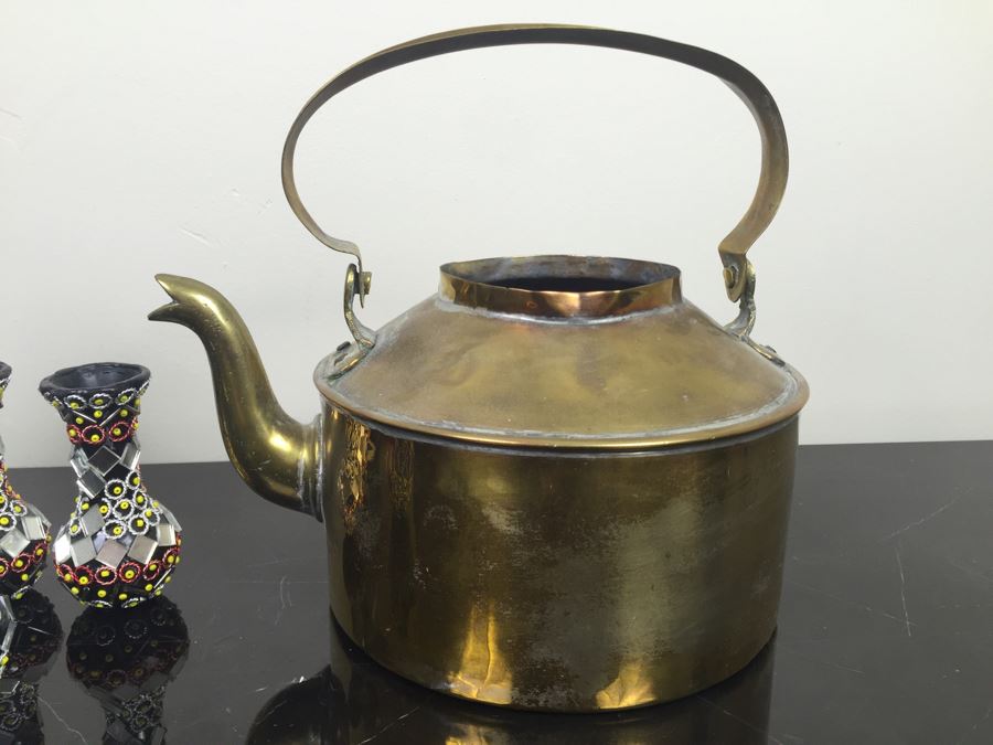 Brass Kettle And Home Decor Lot With Blue And White Cat [Photo 4]