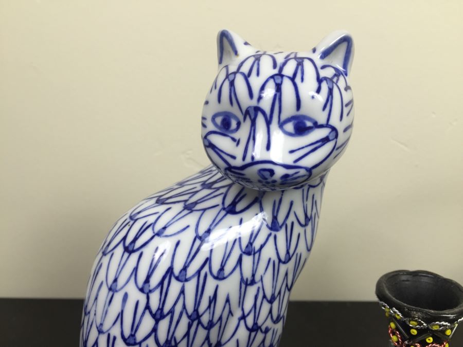 Brass Kettle And Home Decor Lot With Blue And White Cat [Photo 9]