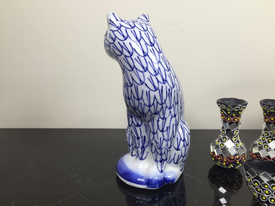 Brass Kettle And Home Decor Lot With Blue And White Cat [Photo 11]