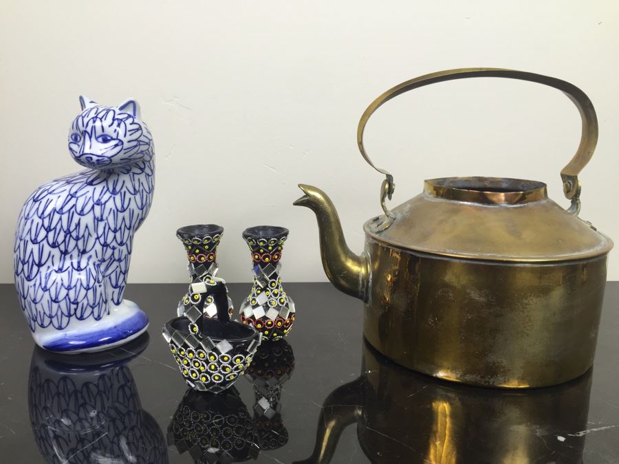 Brass Kettle And Home Decor Lot With Blue And White Cat [Photo 1]