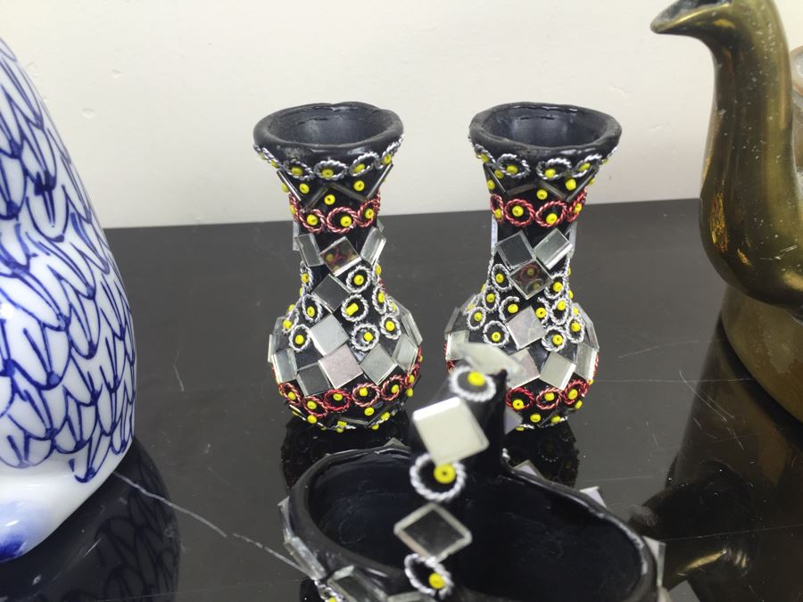 Brass Kettle And Home Decor Lot With Blue And White Cat [Photo 13]