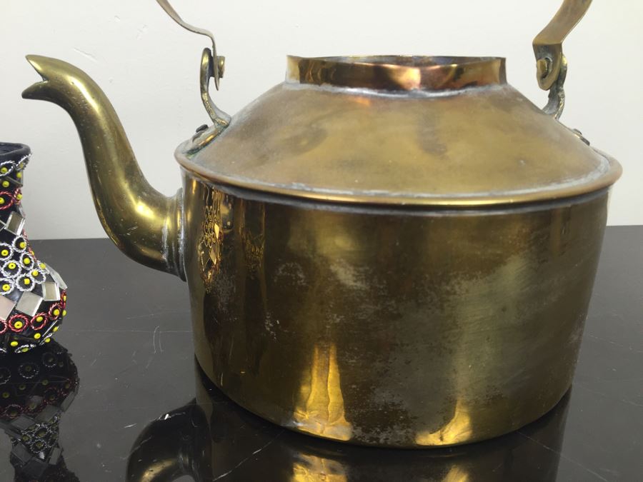 Brass Kettle And Home Decor Lot With Blue And White Cat [Photo 5]