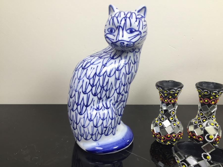 Brass Kettle And Home Decor Lot With Blue And White Cat [Photo 8]