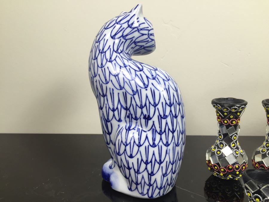 Brass Kettle And Home Decor Lot With Blue And White Cat [Photo 10]