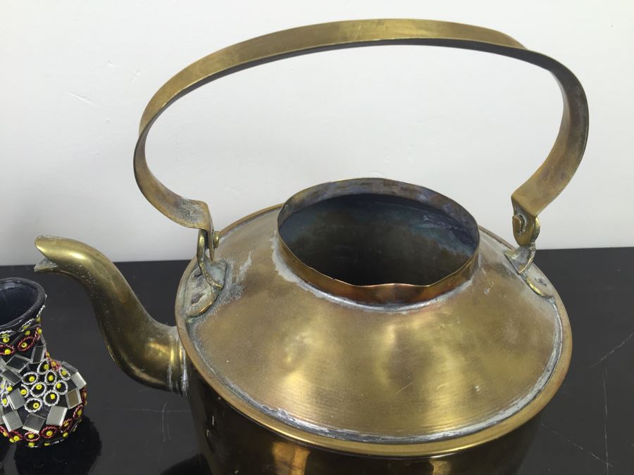 Brass Kettle And Home Decor Lot With Blue And White Cat [Photo 7]