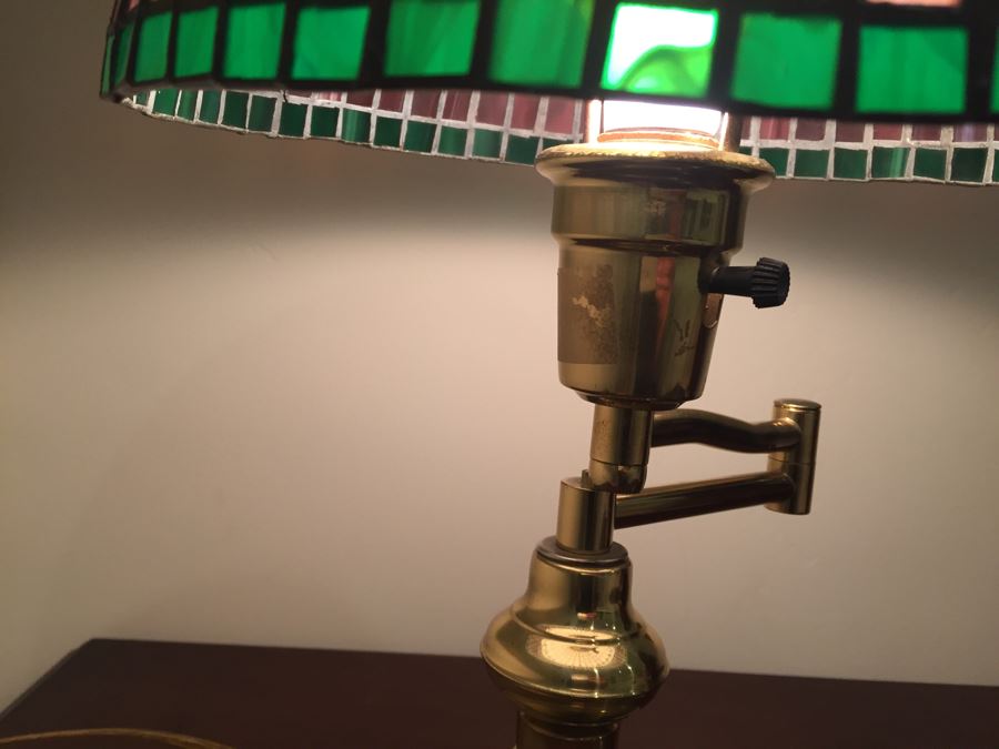 Brass Swing Arm Table Lamp With Stained Glass Lamp Shade [Photo 8]