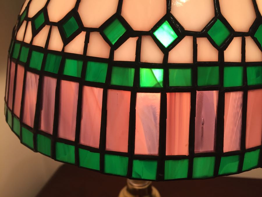 Brass Swing Arm Table Lamp With Stained Glass Lamp Shade [Photo 6]
