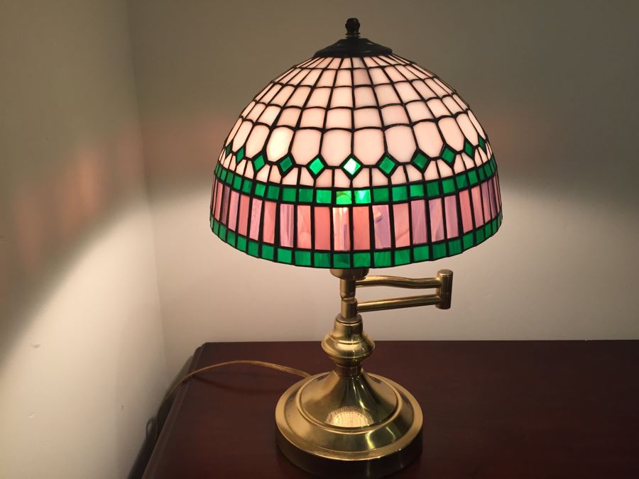 Brass Swing Arm Table Lamp With Stained Glass Lamp Shade [Photo 1]