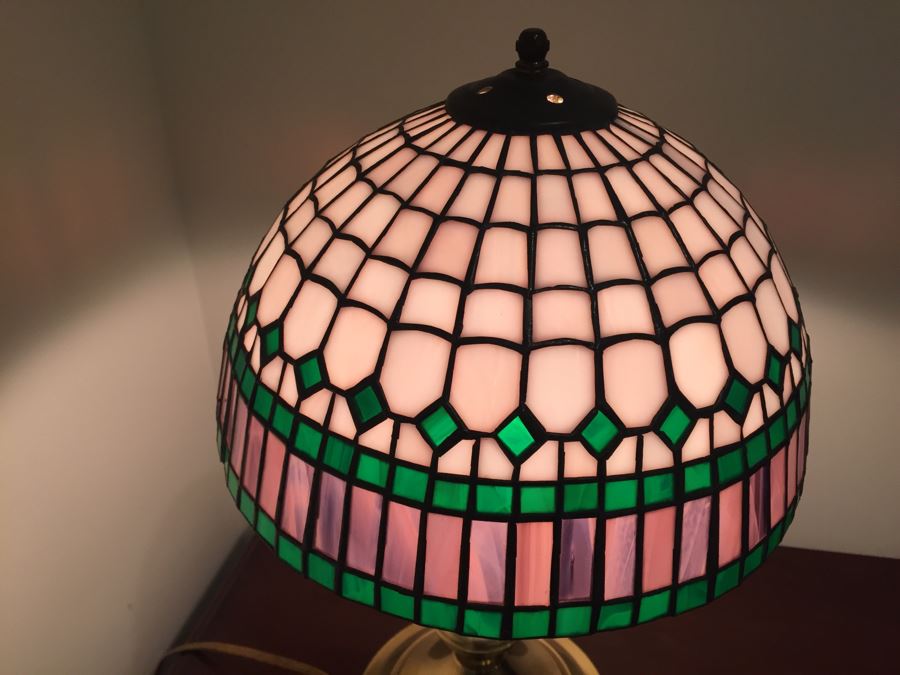 Brass Swing Arm Table Lamp With Stained Glass Lamp Shade [Photo 5]