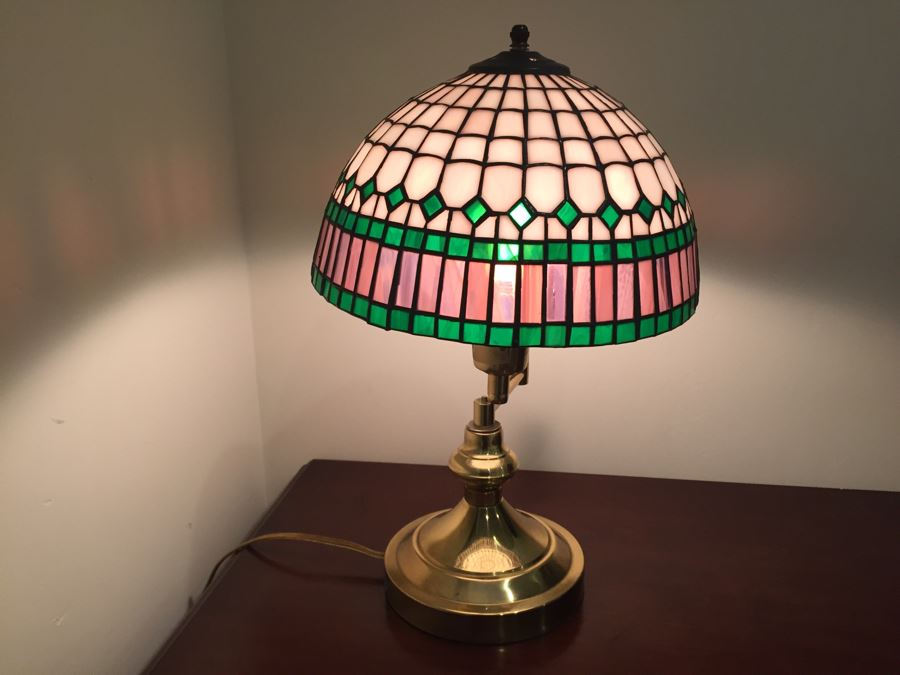 Brass Swing Arm Table Lamp With Stained Glass Lamp Shade [Photo 2]