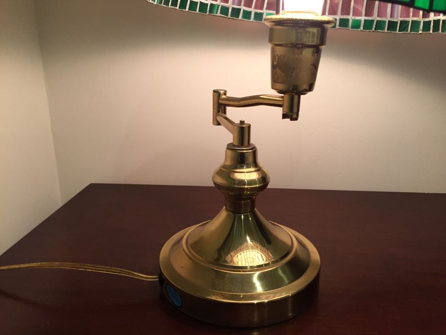 Brass Swing Arm Table Lamp With Stained Glass Lamp Shade [Photo 9]