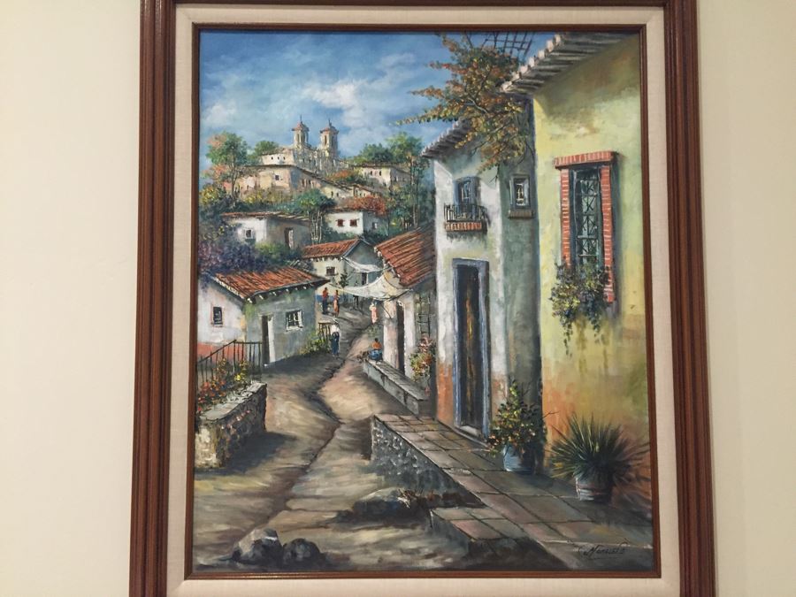 Original Painting Of Village Scene Signed Morales 24'W X 28'H