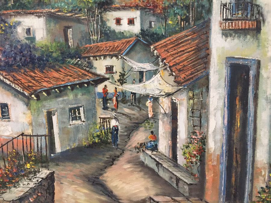 Original Painting Of Village Scene Signed Morales 24'W X 28'H [Photo 5]