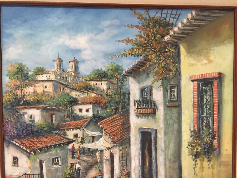 Original Painting Of Village Scene Signed Morales 24'W X 28'H [Photo 3]