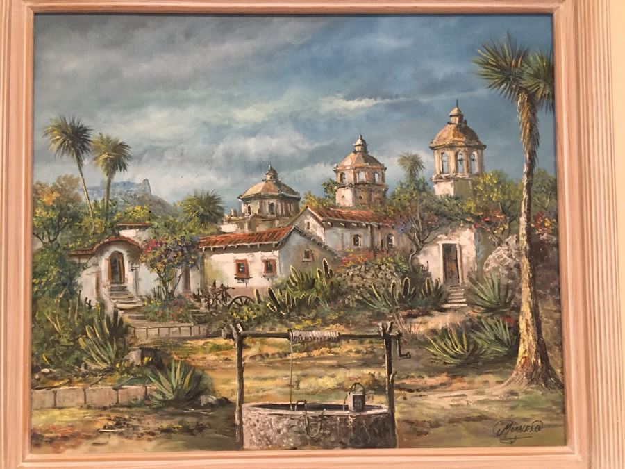 Original Painting Of Village Landscape Scene Signed Morales 28'W X 24'H [Photo 2]