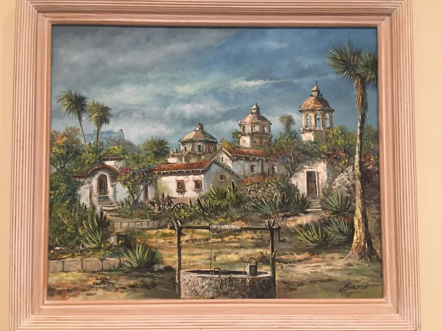 Original Painting Of Village Landscape Scene Signed Morales 28'W X 24'H [Photo 1]
