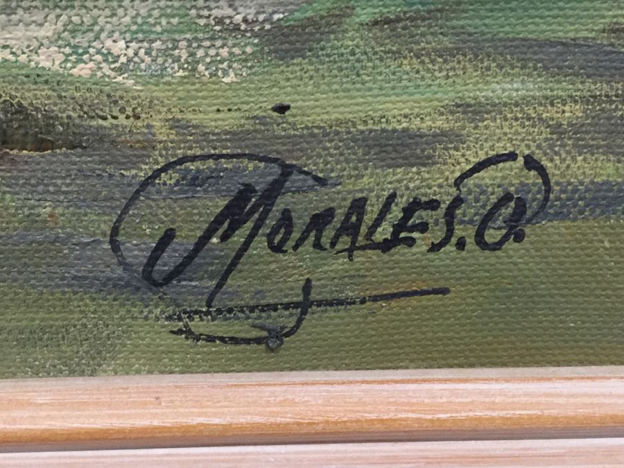 Original Painting Of Village Landscape Scene Signed Morales 28'W X 24'H [Photo 3]