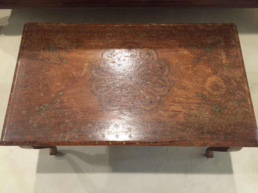 Detailed Morrocan Brass Inlay Wooden Coffee Table 30' X 17' [Photo 2]
