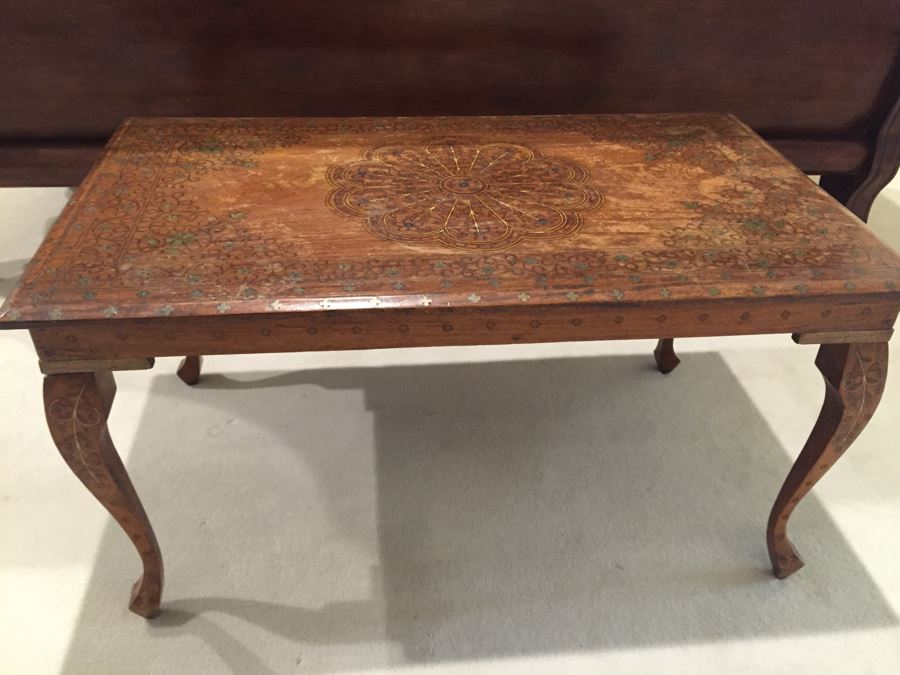 Detailed Morrocan Brass Inlay Wooden Coffee Table 30' X 17' [Photo 8]