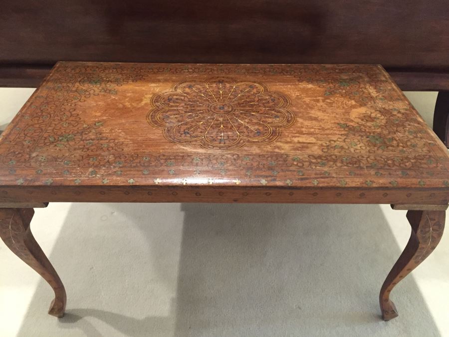 Detailed Morrocan Brass Inlay Wooden Coffee Table 30' X 17' [Photo 1]