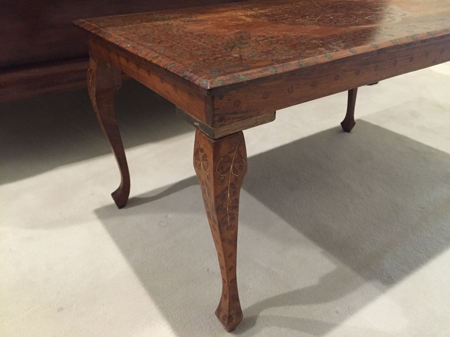 Detailed Morrocan Brass Inlay Wooden Coffee Table 30' X 17' [Photo 7]