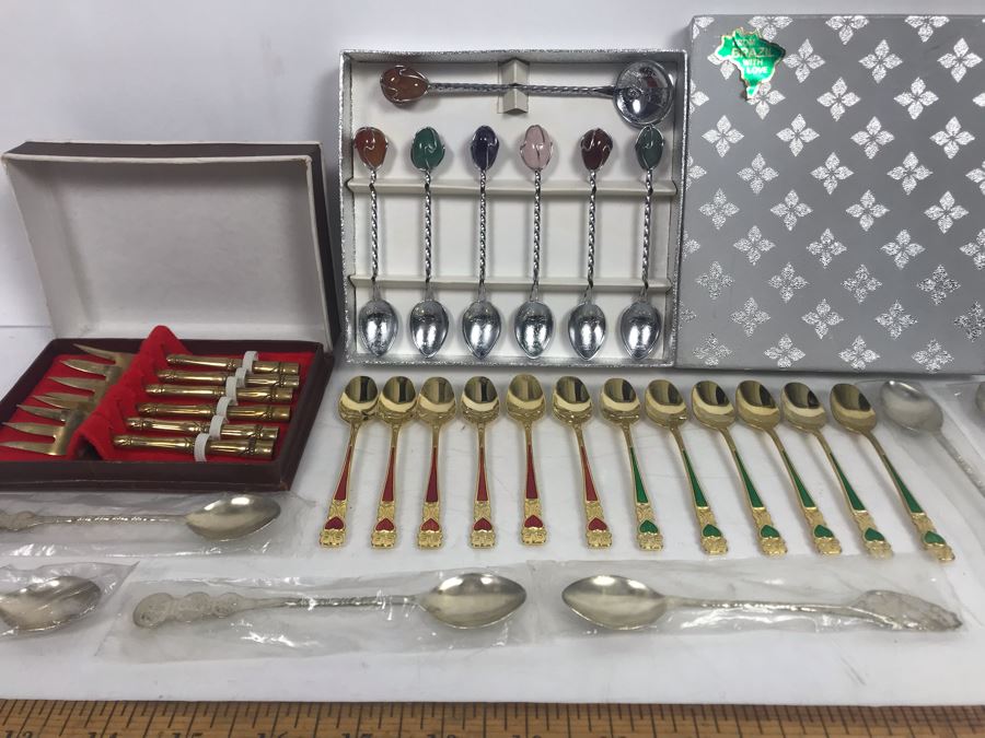 Collection Of Various Spoons From The Far East And Brazil And Brass Bamboo Style Forks [Photo 3]