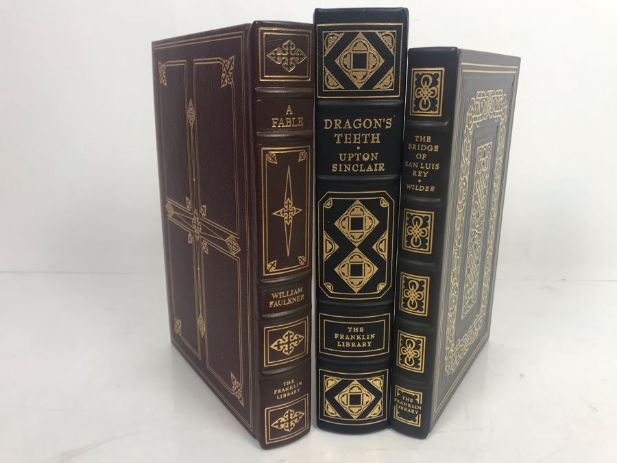 Set Of (3) The Franklin Library Hardcover Books: A Fable By William Faulkner, Dragon's Teeth By Upton Sinclair And The Bridge Of San Luis Rey By Thornton Wilder [Photo 1]