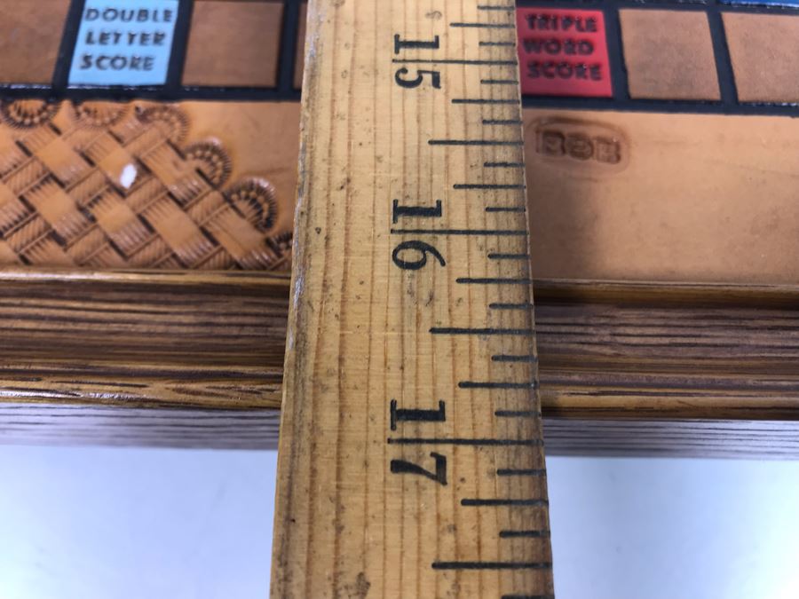 Very Cool Tooled Leather Scrabble Board Game Signed BOB With Wooden Letter Pieces And Official Scrabble Players Dictionary [Photo 14]