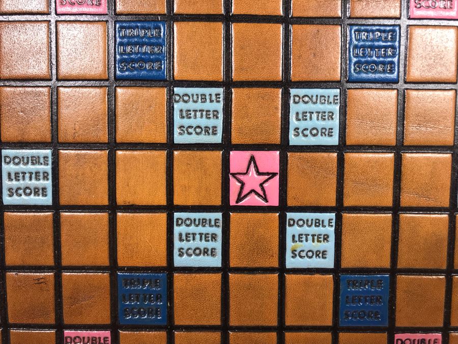 Very Cool Tooled Leather Scrabble Board Game Signed BOB With Wooden Letter Pieces And Official Scrabble Players Dictionary [Photo 4]