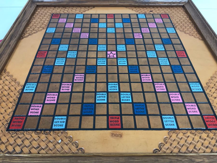 Very Cool Tooled Leather Scrabble Board Game Signed BOB With Wooden Letter Pieces And Official Scrabble Players Dictionary [Photo 11]