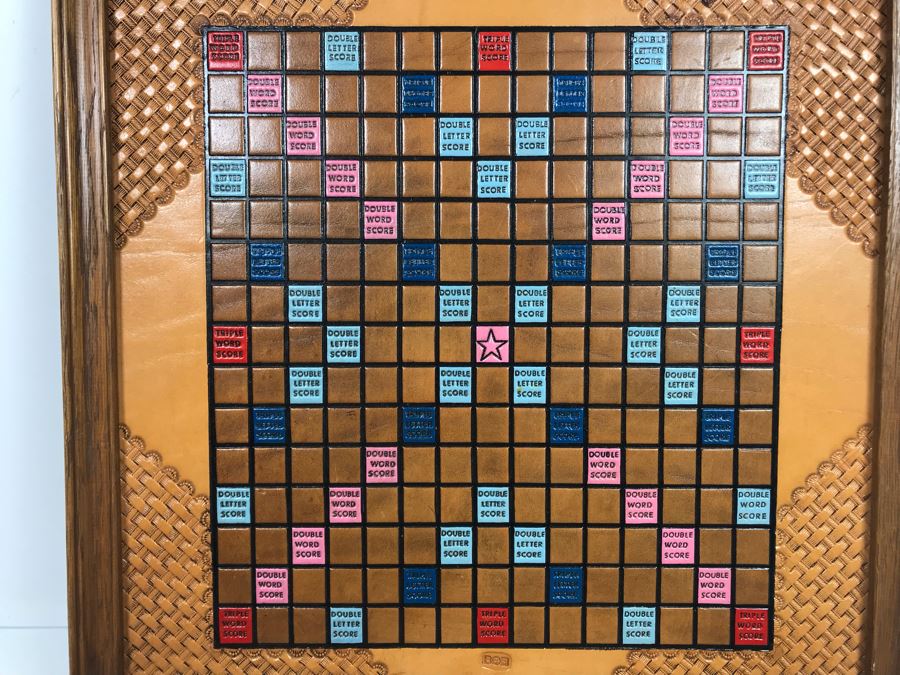 Very Cool Tooled Leather Scrabble Board Game Signed BOB With Wooden Letter Pieces And Official Scrabble Players Dictionary [Photo 3]