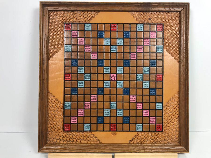 Very Cool Tooled Leather Scrabble Board Game Signed BOB With Wooden Letter Pieces And Official Scrabble Players Dictionary [Photo 2]