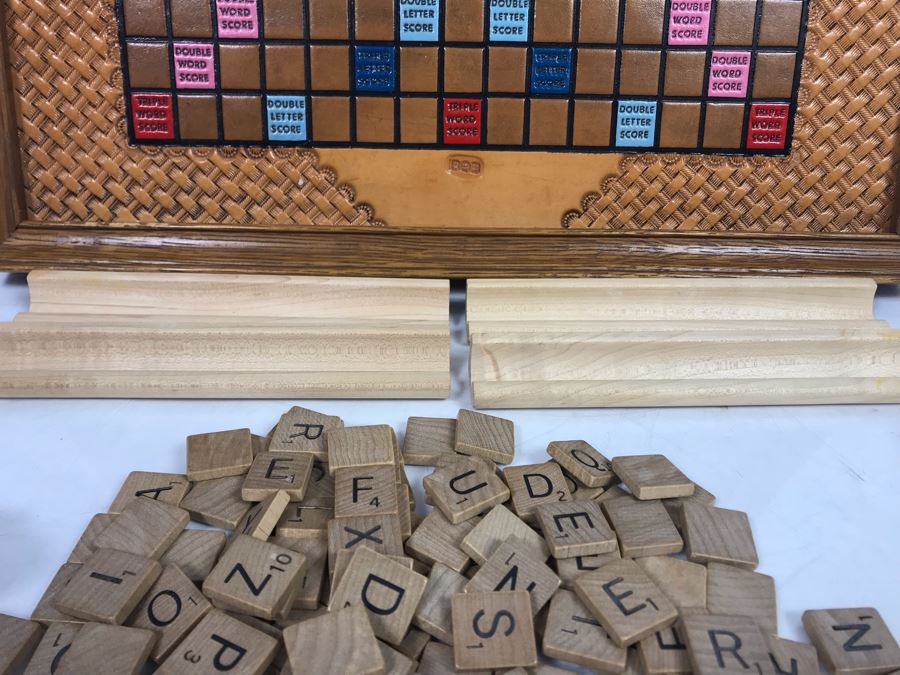 Very Cool Tooled Leather Scrabble Board Game Signed BOB With Wooden Letter Pieces And Official Scrabble Players Dictionary [Photo 9]
