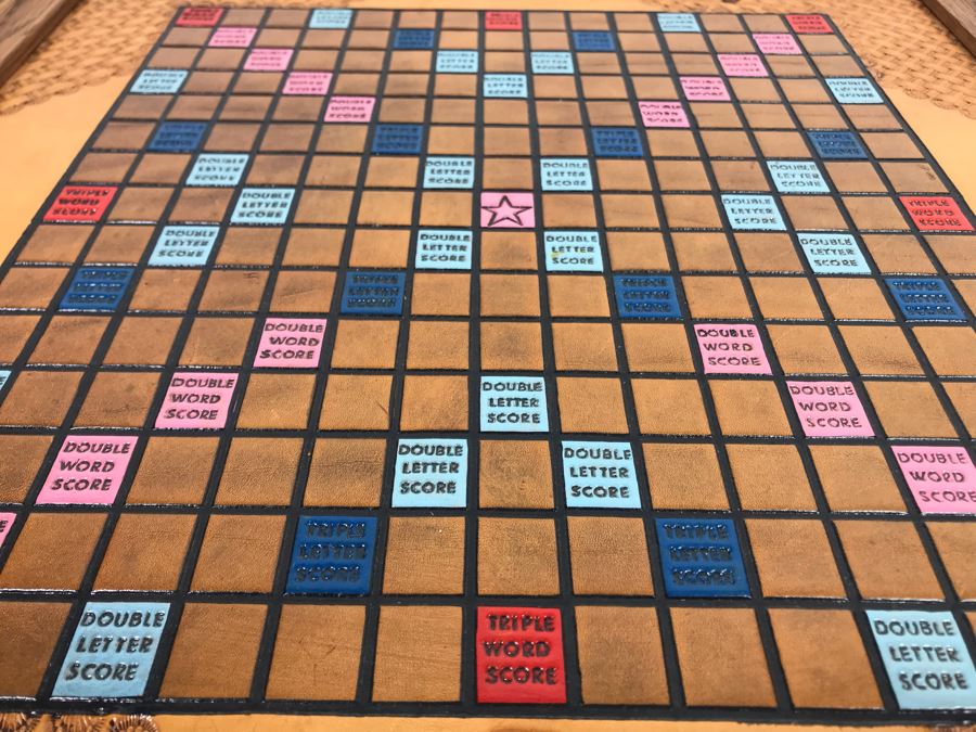 Very Cool Tooled Leather Scrabble Board Game Signed BOB With Wooden Letter Pieces And Official Scrabble Players Dictionary [Photo 12]