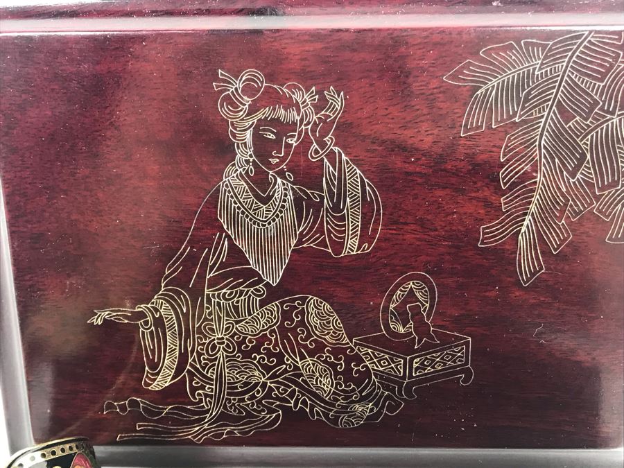Vintage Wooden Asian Jewelry Box With Collection Of Costume Jewelry [Photo 5]