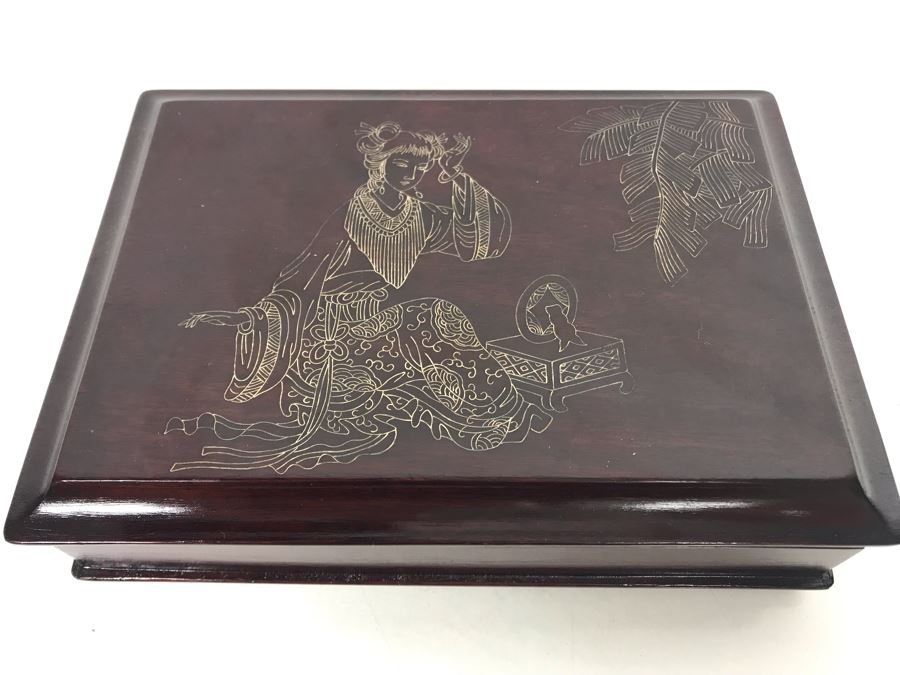 Vintage Wooden Asian Jewelry Box With Collection Of Costume Jewelry [Photo 2]