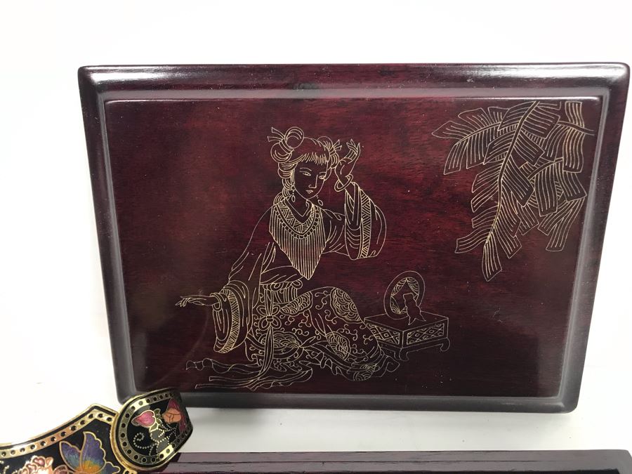 Vintage Wooden Asian Jewelry Box With Collection Of Costume Jewelry [Photo 4]