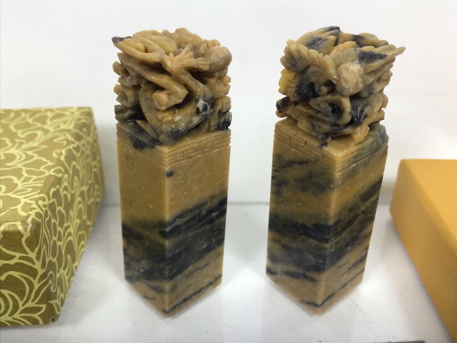 Pair Of Chinese Uncarved Stone Chops Seals And Miniature Reproduction Examples Of Qinghua Porcelain Series Vases And Plates [Photo 2]