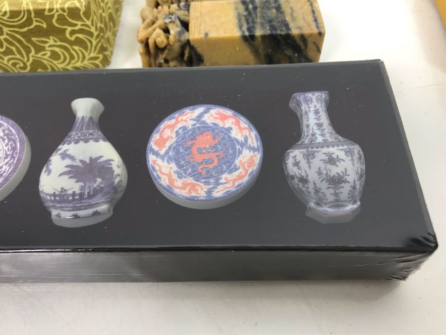 Pair Of Chinese Uncarved Stone Chops Seals And Miniature Reproduction Examples Of Qinghua Porcelain Series Vases And Plates [Photo 10]