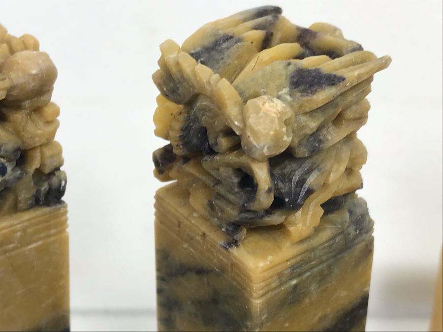 Pair Of Chinese Uncarved Stone Chops Seals And Miniature Reproduction Examples Of Qinghua Porcelain Series Vases And Plates [Photo 5]