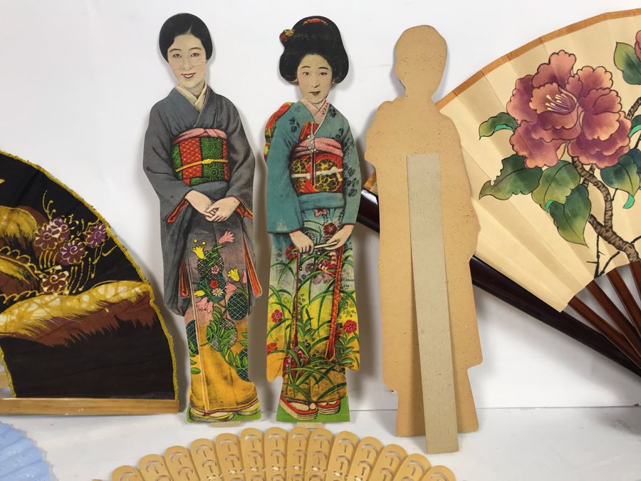 Vintage Asian Fan Collection With Set Of (3) Vintage Japanese Paper Dolls [Photo 6]