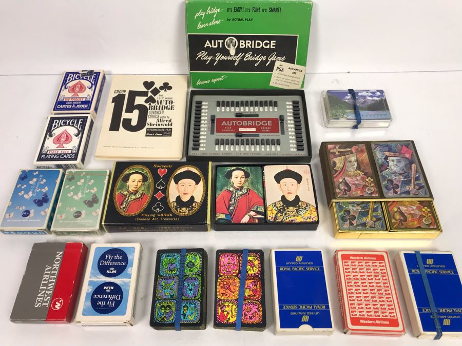 Vintage Playing Cards Collection Featuring Chinese Art Treasures Playing Cards, Airline Advertising Cards And Autobridge Bridge Game With Box [Photo 11]