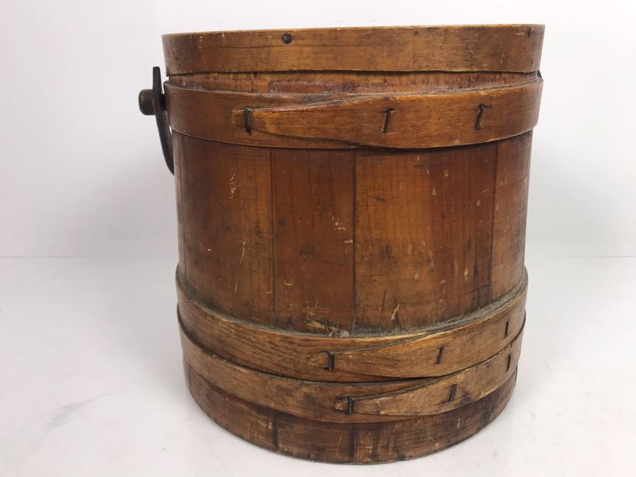 Vintage Wooden Bucket With Lid And Handle