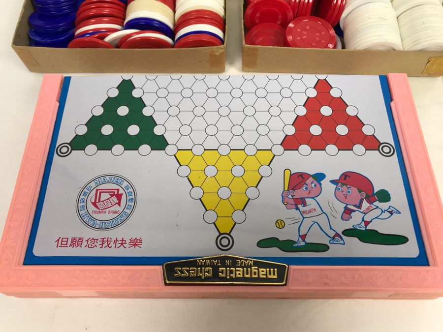 Vintage Wooden Chinese Chess Set, Magnetic Chess Set, Plastic Poker Chips And Vintage Hardcove Books: Seeing Stars And All About Radio And Television [Photo 2]